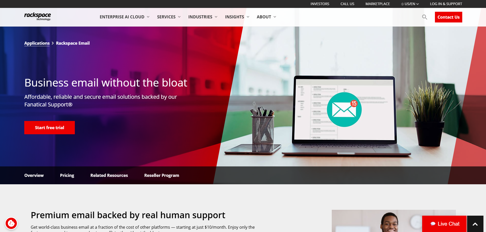 Screenshot of the Rackspace Email webpage displaying an illustration of a laptop showing an email inbox
