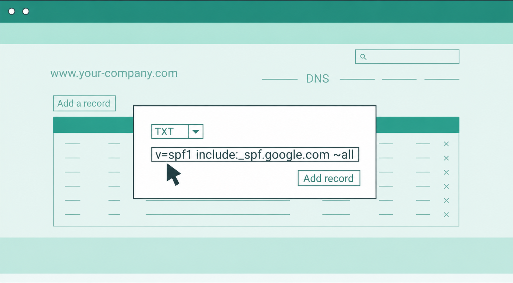 Illustration of Set up SPF by adding a DNS TXT record at your domain provider.