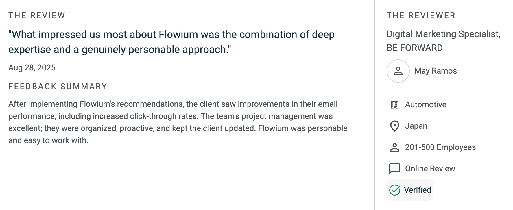 Flowium user review on Clutch