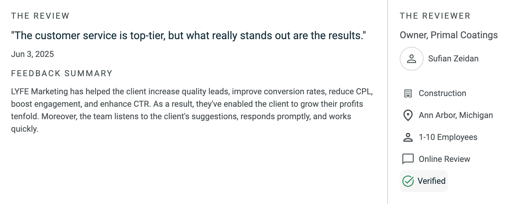 Lyfe Marketing user review on Clutch 