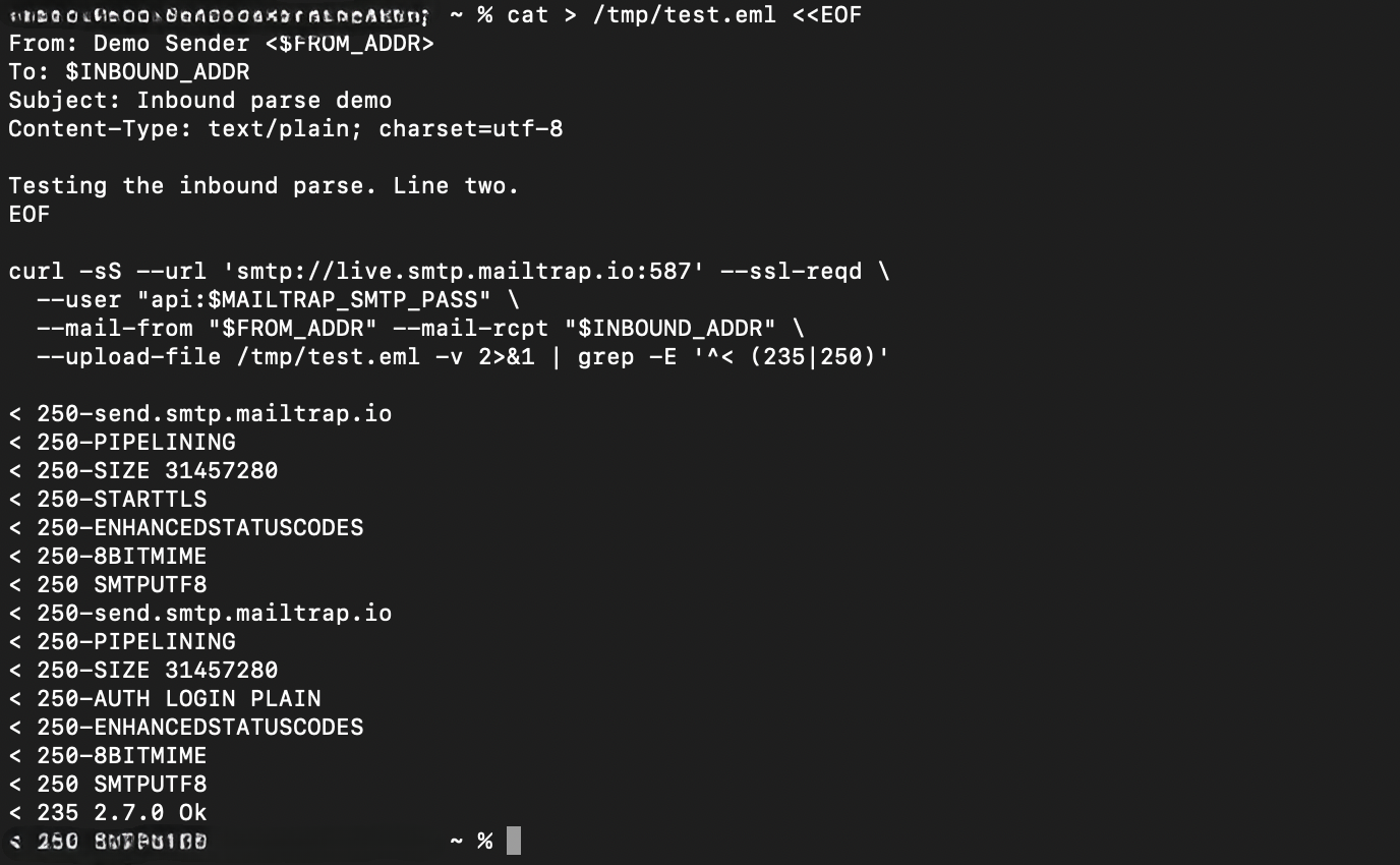 Mailtrap inbound sending a test message to the inbound address - terminal commands