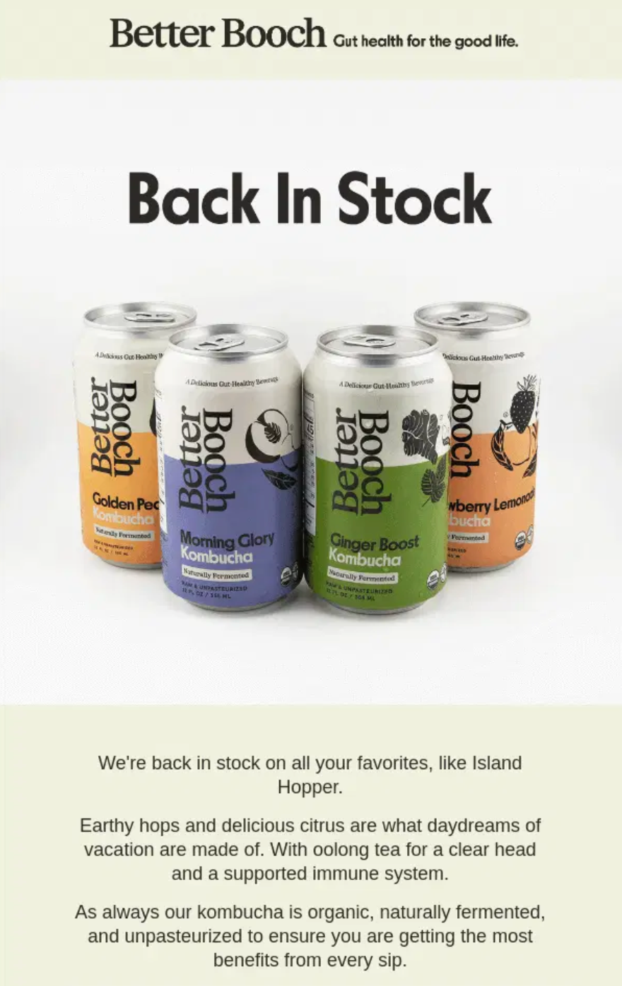 Better Booch back-in-stock campaign