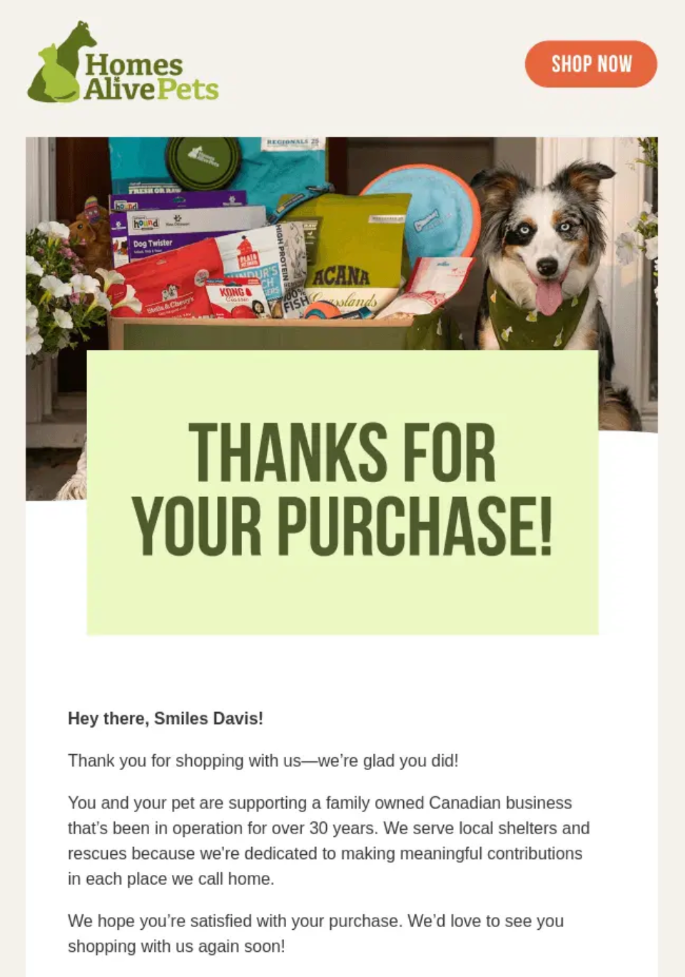 Homes Alive Pets post-purchase email example