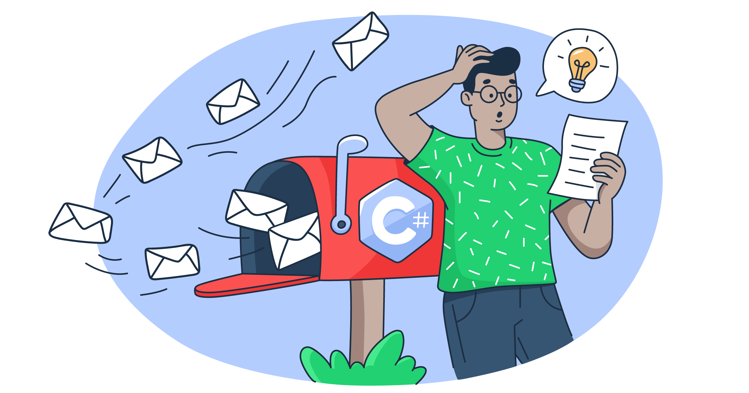 This is a symbolic graphic representation of inbound emails with C# for an article that covers the topic in detail.