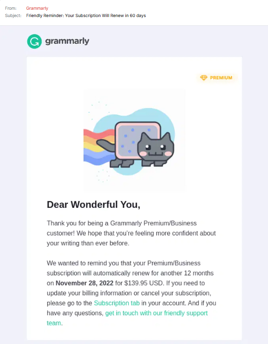 Grammarly renewal reminder sequence