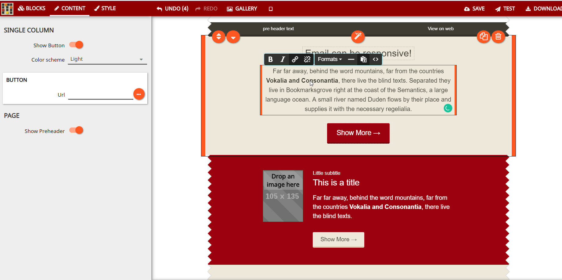 Mosaico email editor UI screenshot