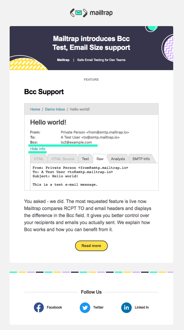 Mailtrap email campaign on Bcc support, HTML/CSS template