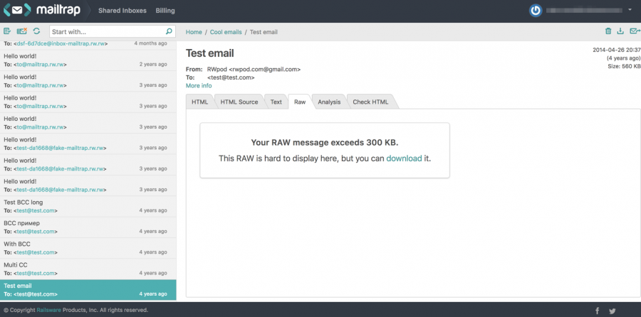 Mailtrap's HTML email RAW data