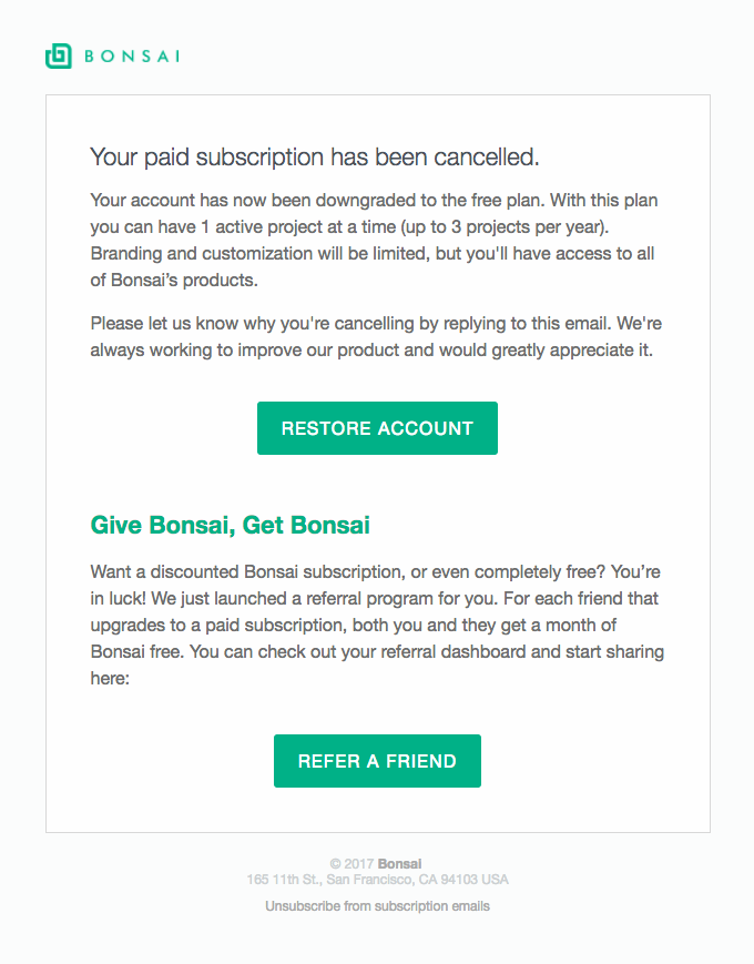 Subscription cancellation email from Bonsai
