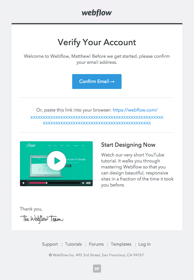 Webflow conformation email
