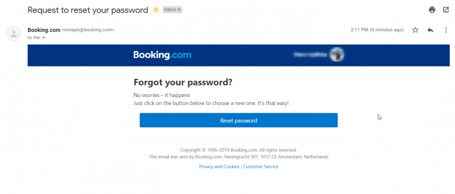 Reset password email by booking.com