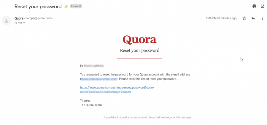 Reset password email by Quora