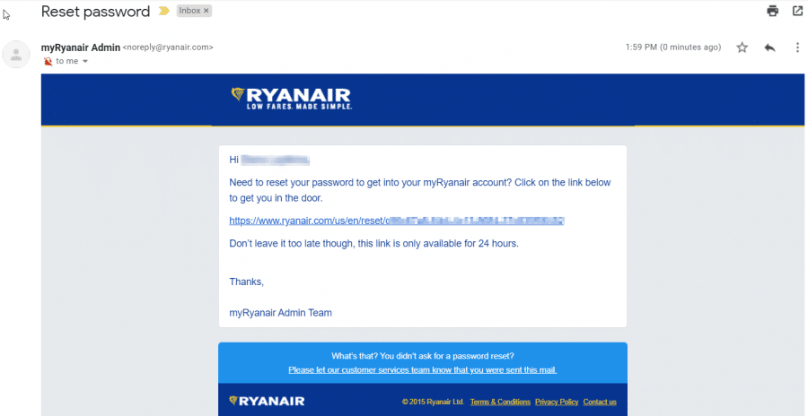 Reset password email by Ryanair
