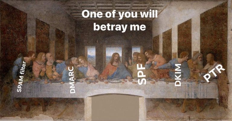 One of you will betray me: SPAM filter, DMARC, SPF, DKIM, PTR. The Last Supper image. 