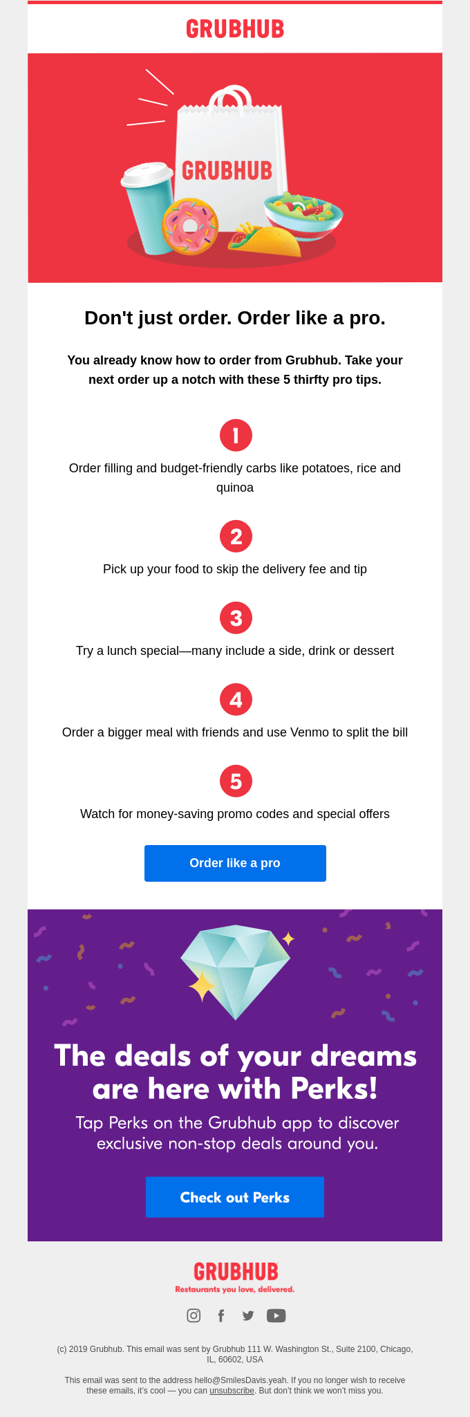 introductory onboarding email by grubhub, screenshot