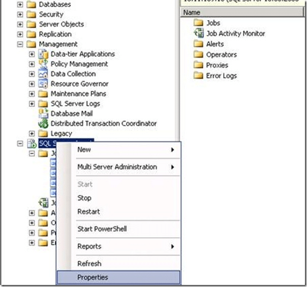 SQL properties menu selection