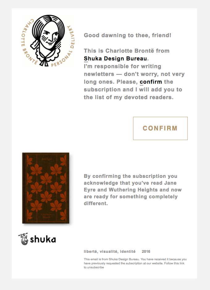 Newsletter subscription confirmation from Shuka Design Bureau 