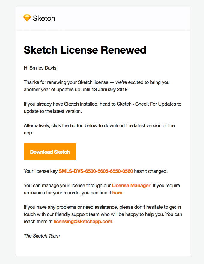 License renewal confirmation from Sketch