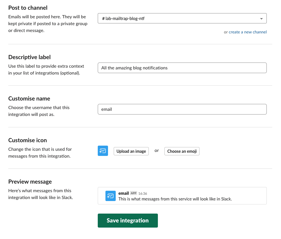 Menu to set up receiving emails in Slack