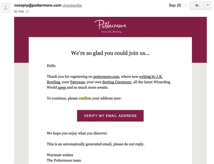 confirmation email sample by Pottermore