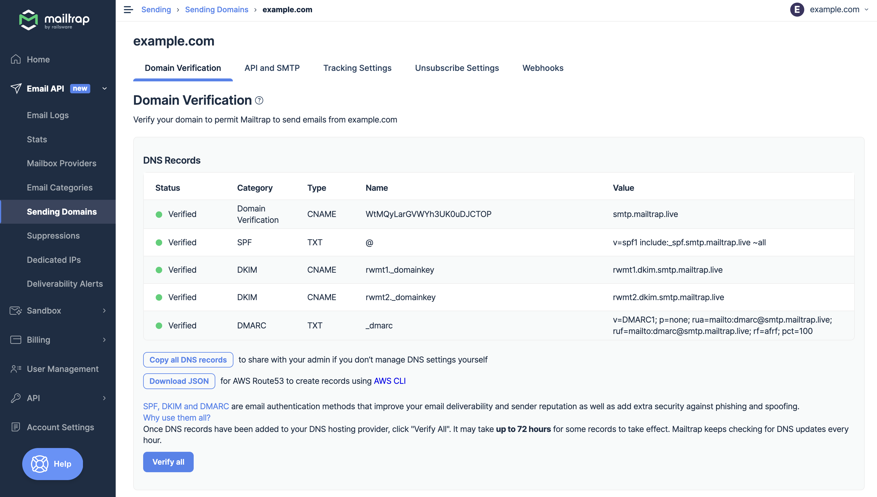 Mailtrap Email API domain verification