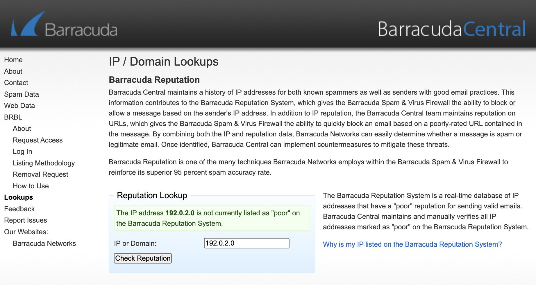 Barracuda Central IP reputation lookup results 