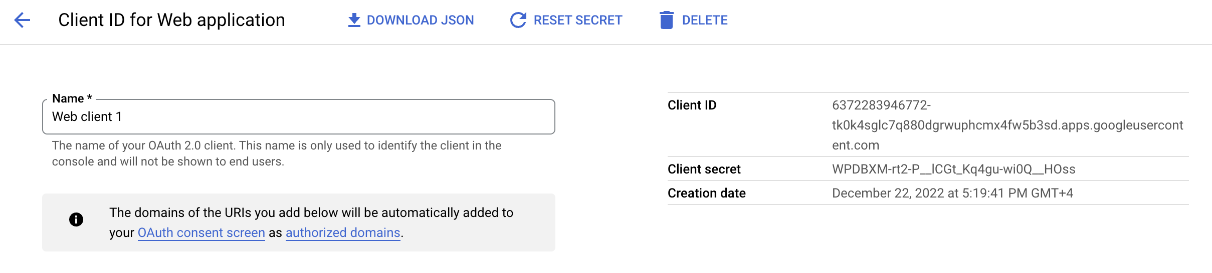 Client ID and Client secret in Google Cloud Console