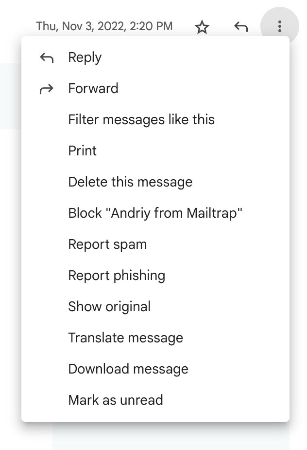 Gmail email settings with dropdown menu open