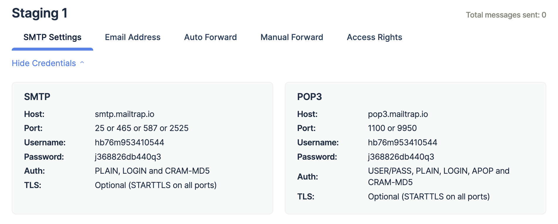 Mailtrap Email Sandbox - SMTP credentials