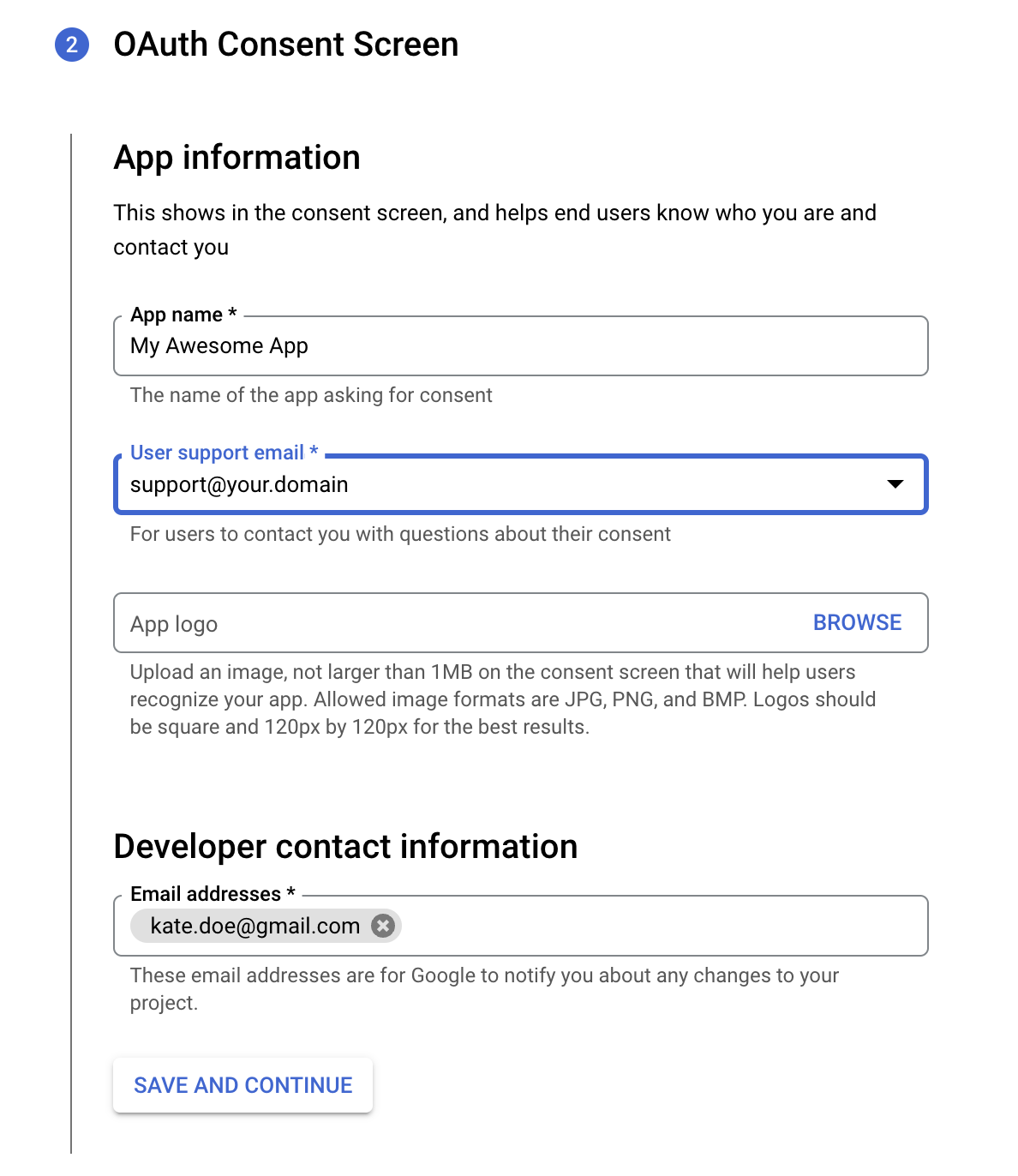 Configuring the App name and user support email in the OAuth consent screen