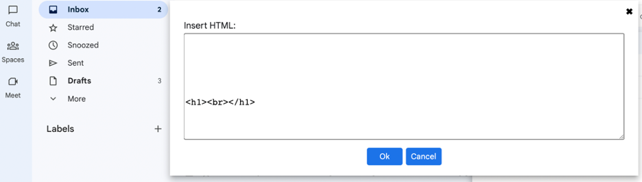 This is an image showing the Insert HTML input box in Gmail