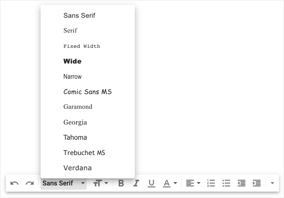 This is an image showing a list of fonts available in Gmail