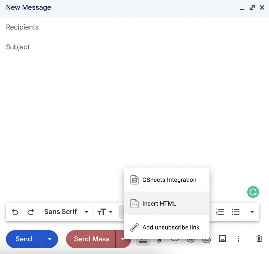 This is an image showing the Insert HMTL option in the Google compose window