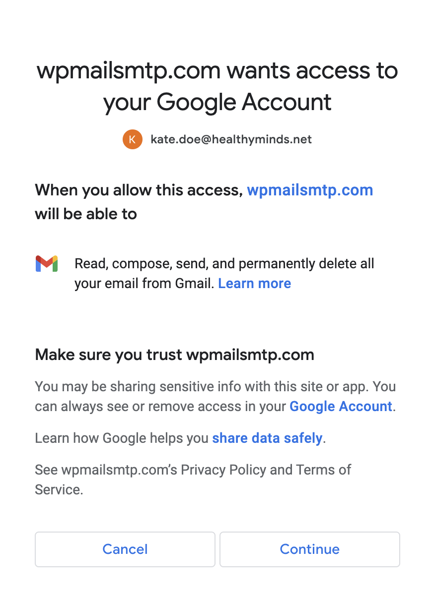 Granting WP Mail SMTP the permission to send emails from Google by pressing Continue 