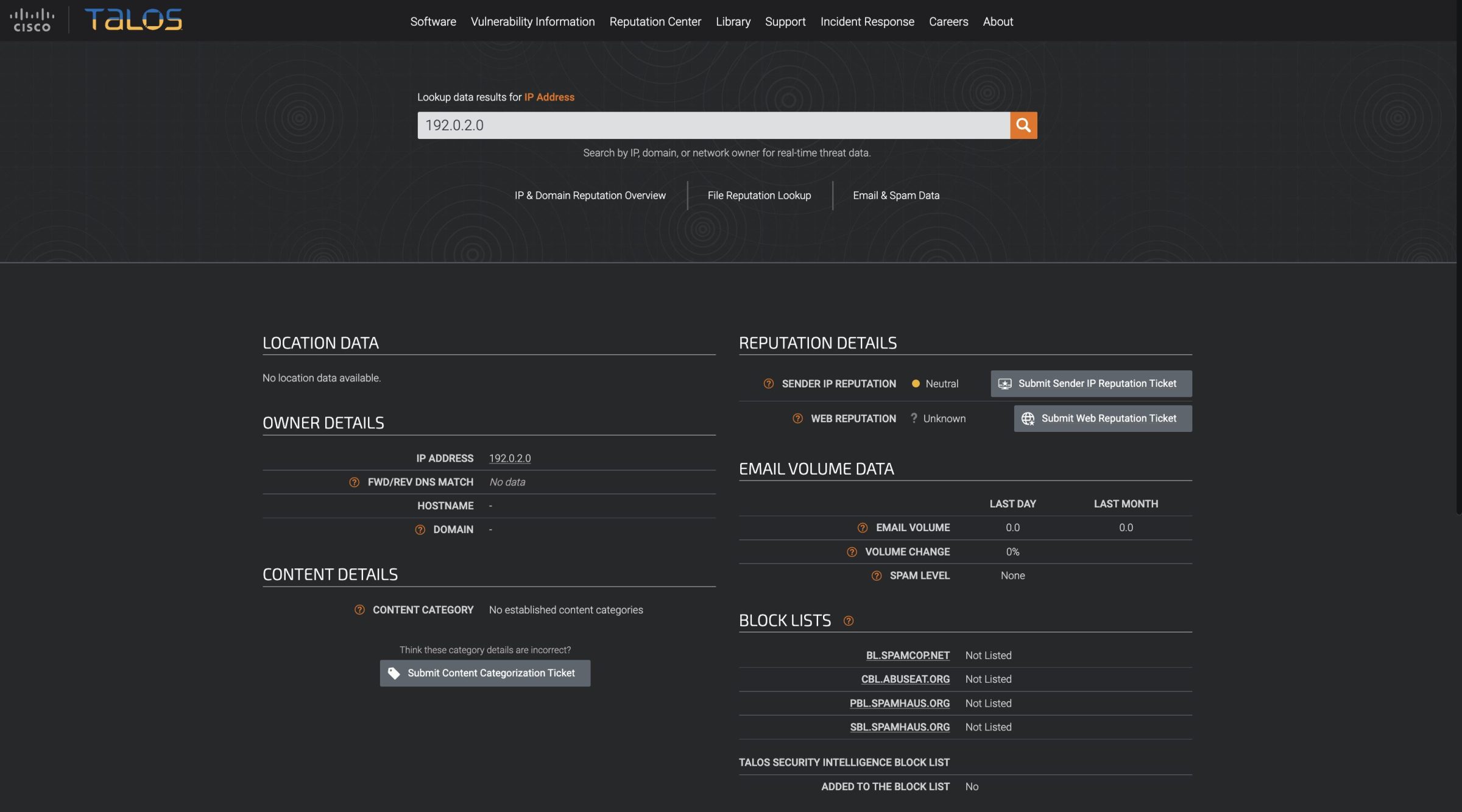 This is an image showing Talos intelligence results for sample IP