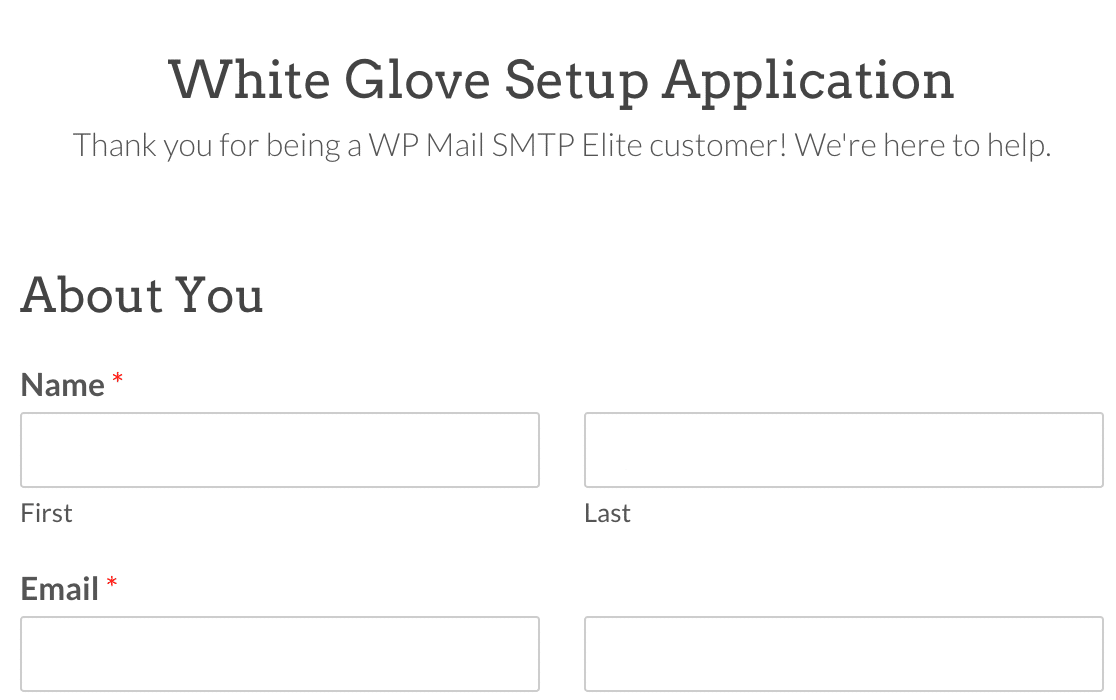 WP Mail SMTP white glove setup application form