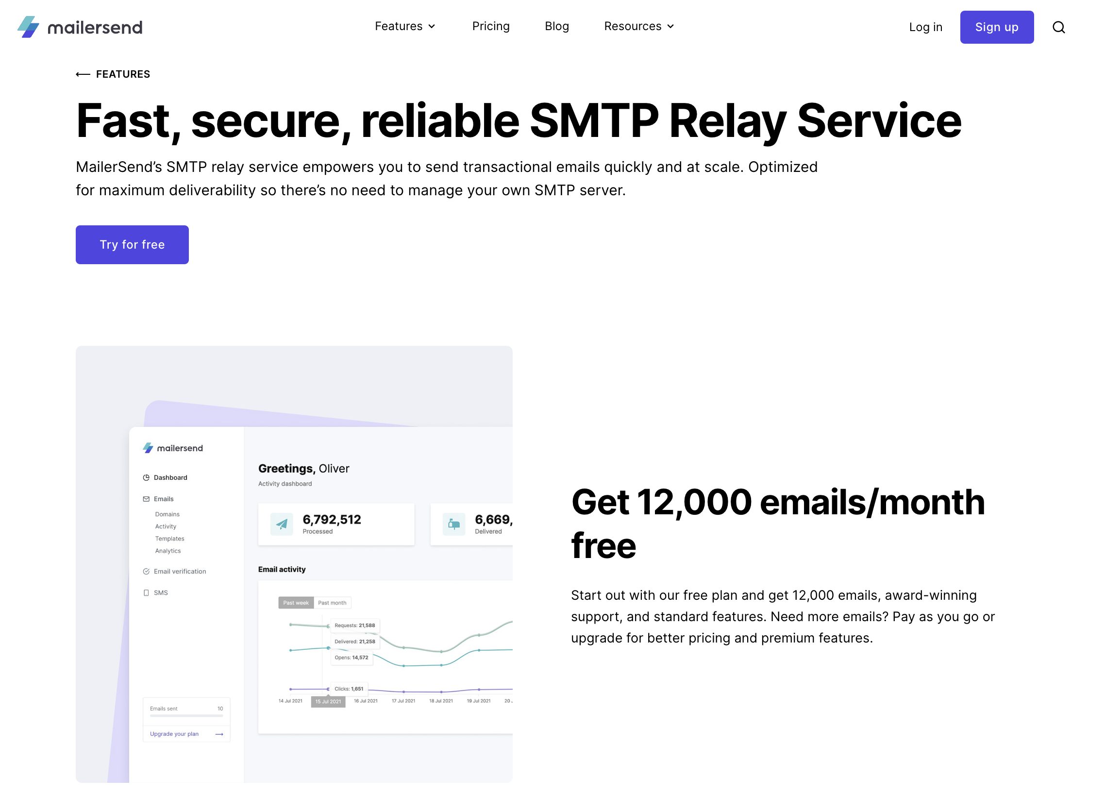 MailerSend SMTP relay service landing page