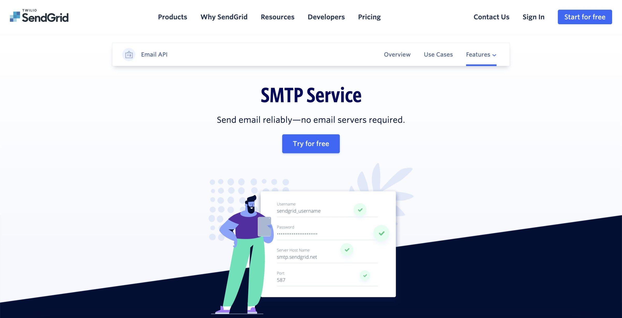 SendGrid SMTP service landing page