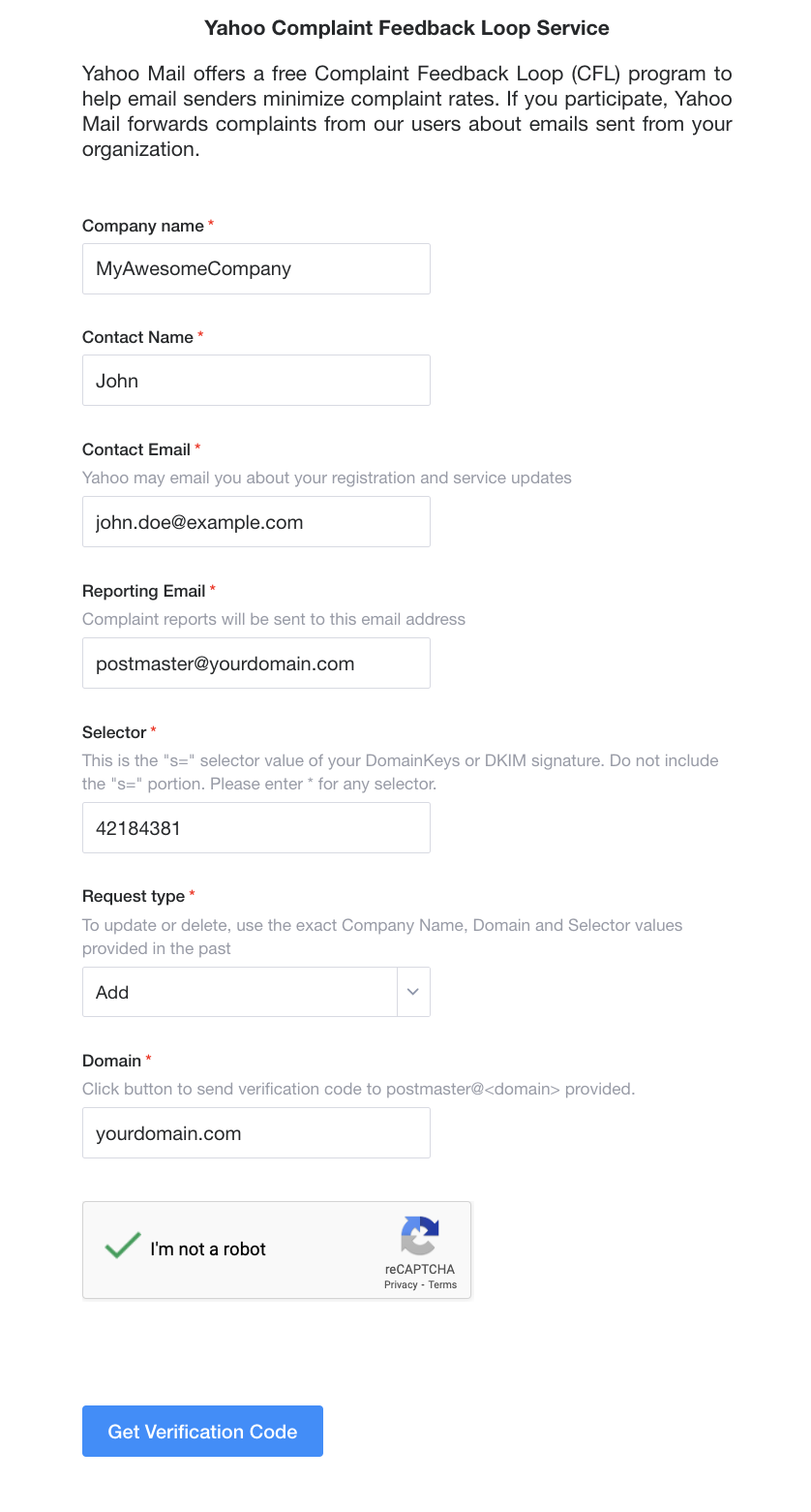 Yahoo complaint feedback loop application form