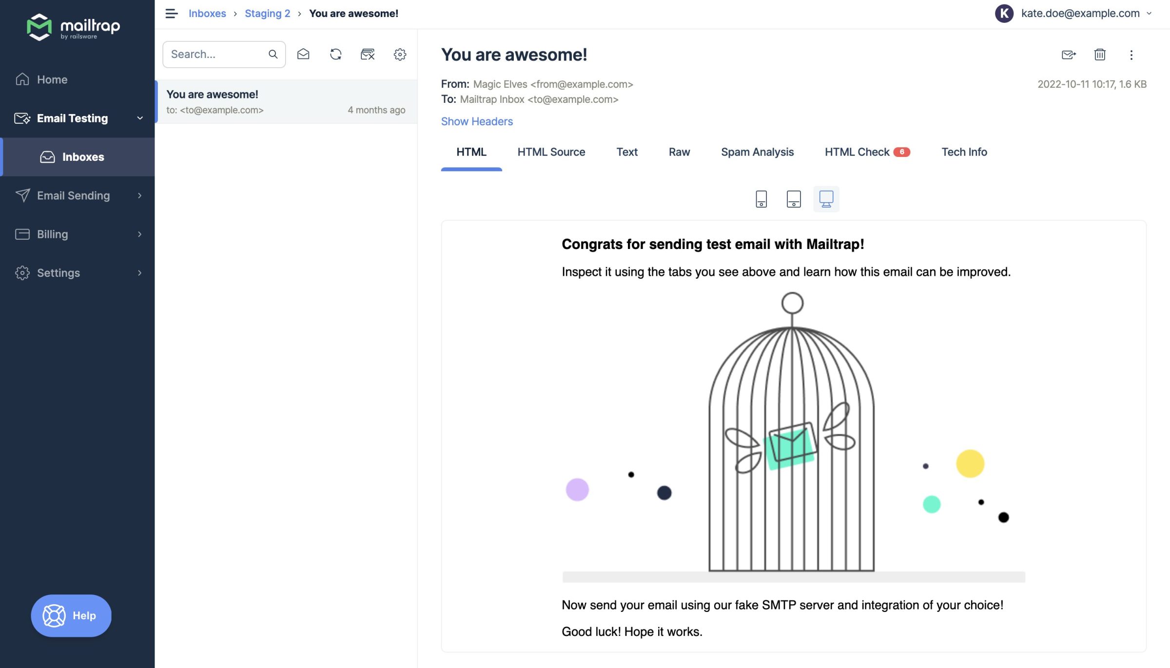 Email Testing di Mailtrap - Anteprima email nella casella di posta