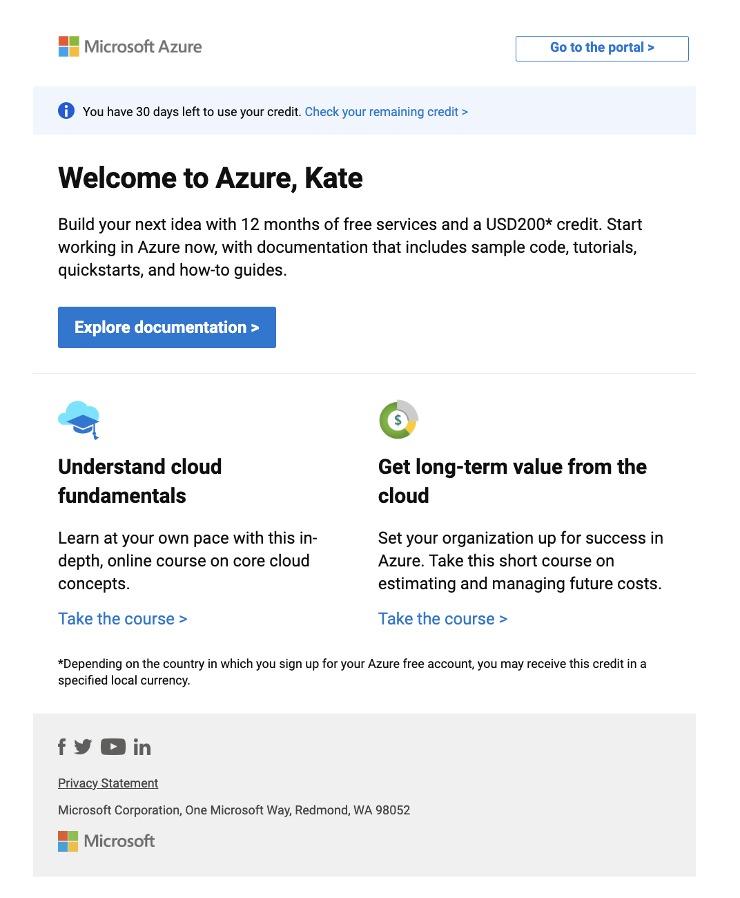 Microsoft Azure Welcome Email