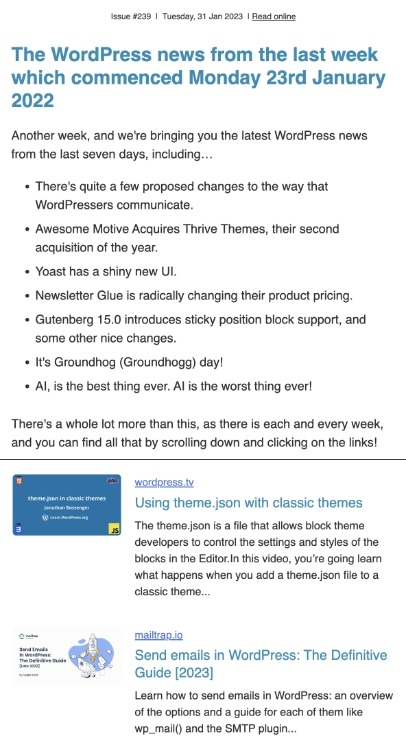 WP Builds Newsletter featuring Mailtrap