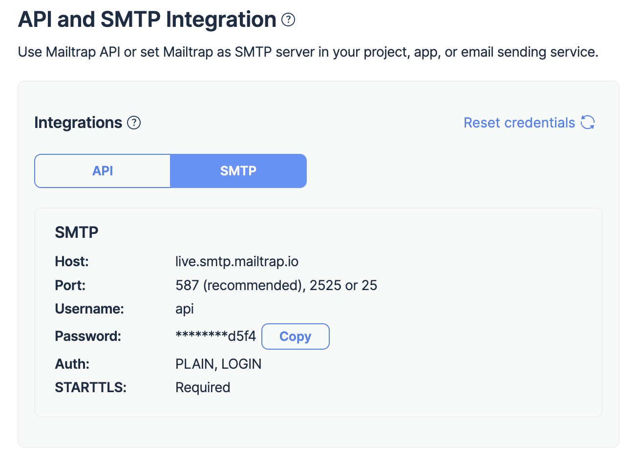 Mailtrap Email Sending SMTP credentials 
