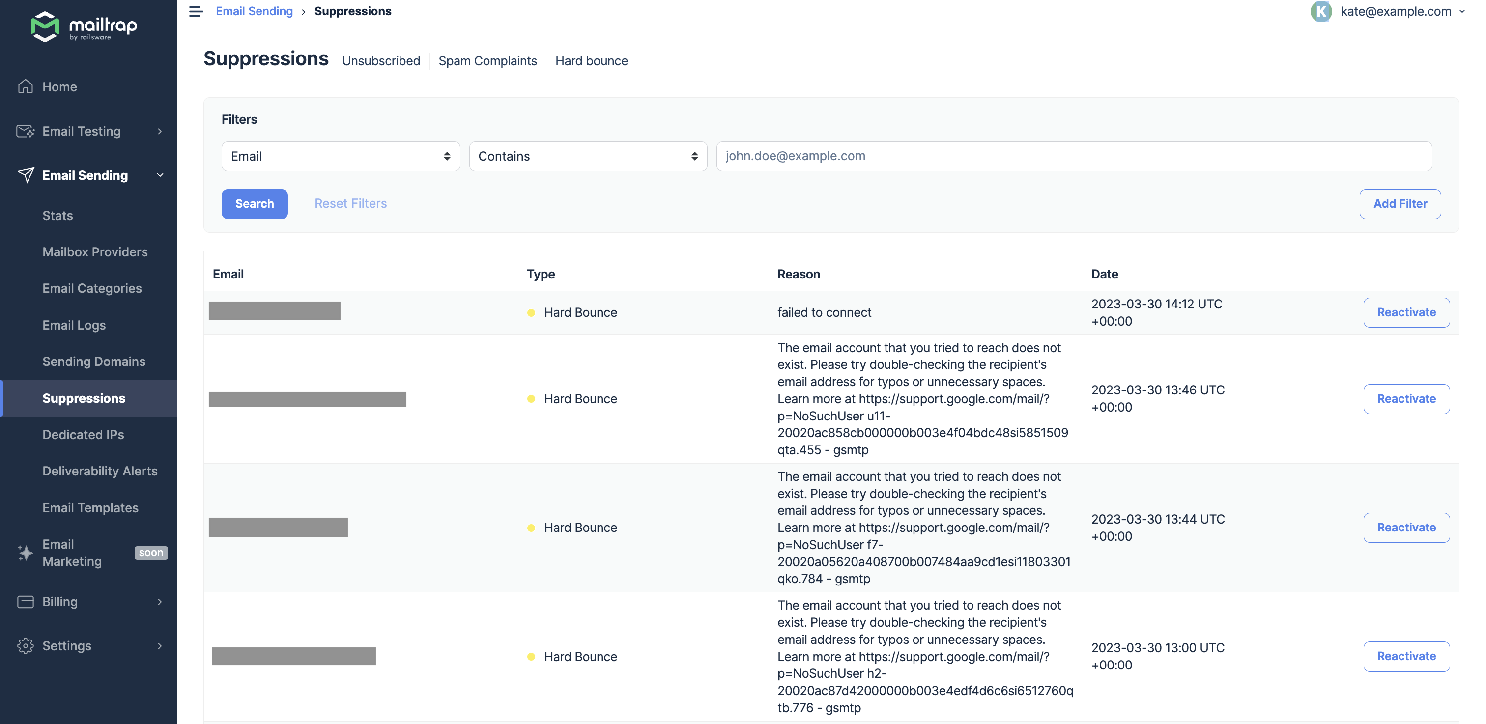 Mailtrap Email Sending Suppressions
