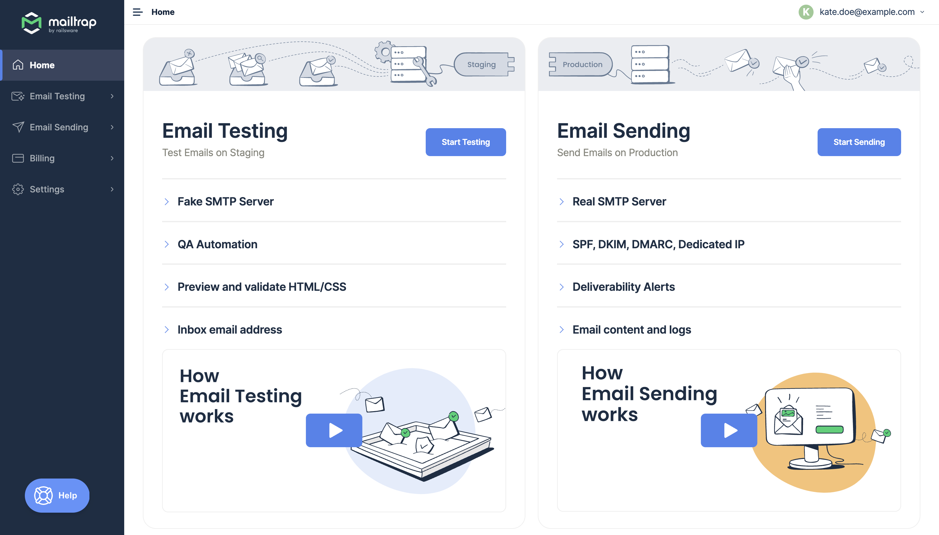 Mailtrap in app homepage