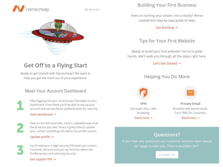 Namecheap onboarding email 