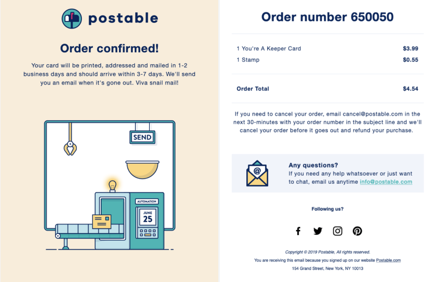 Postable order confirmation campaign