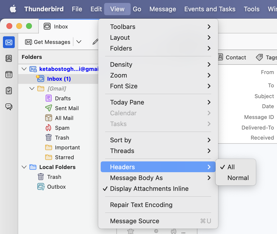 Viewing email headers in thunderbird 