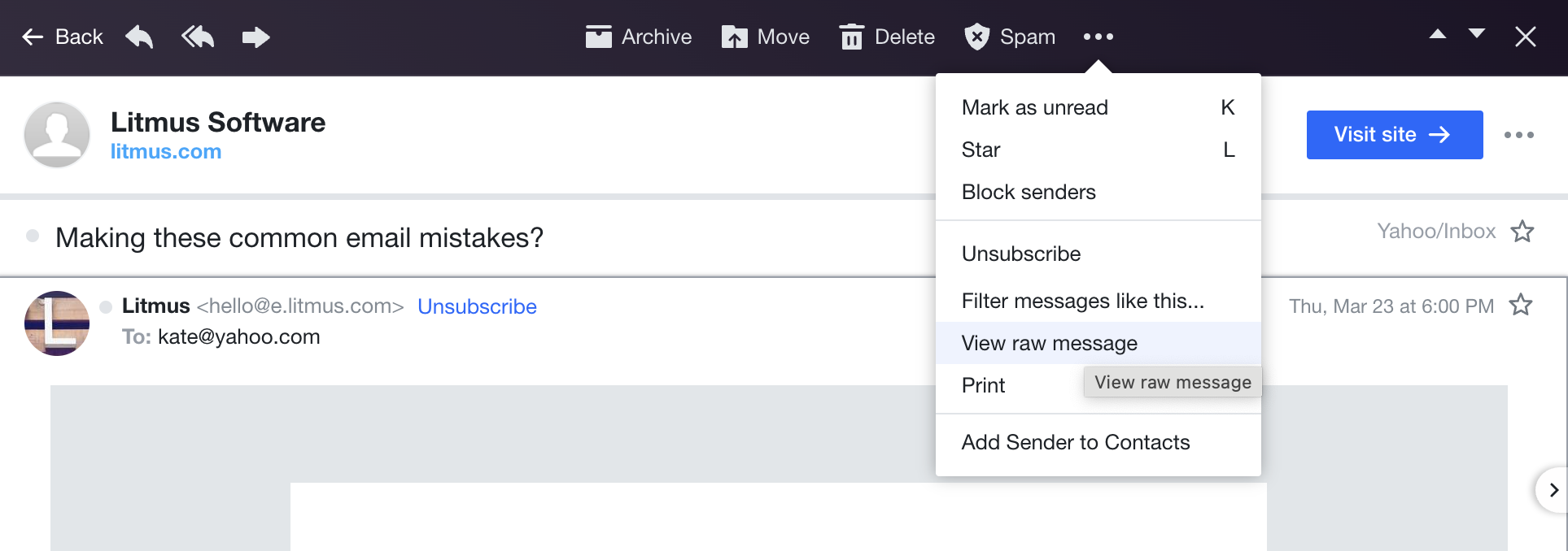 Viewing email headers in Yahoo 