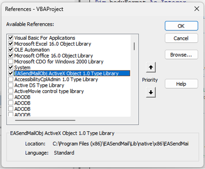 Selecting EASendMailObj ActiveX Object 1.0 Type Library in the list of references in Excel 
